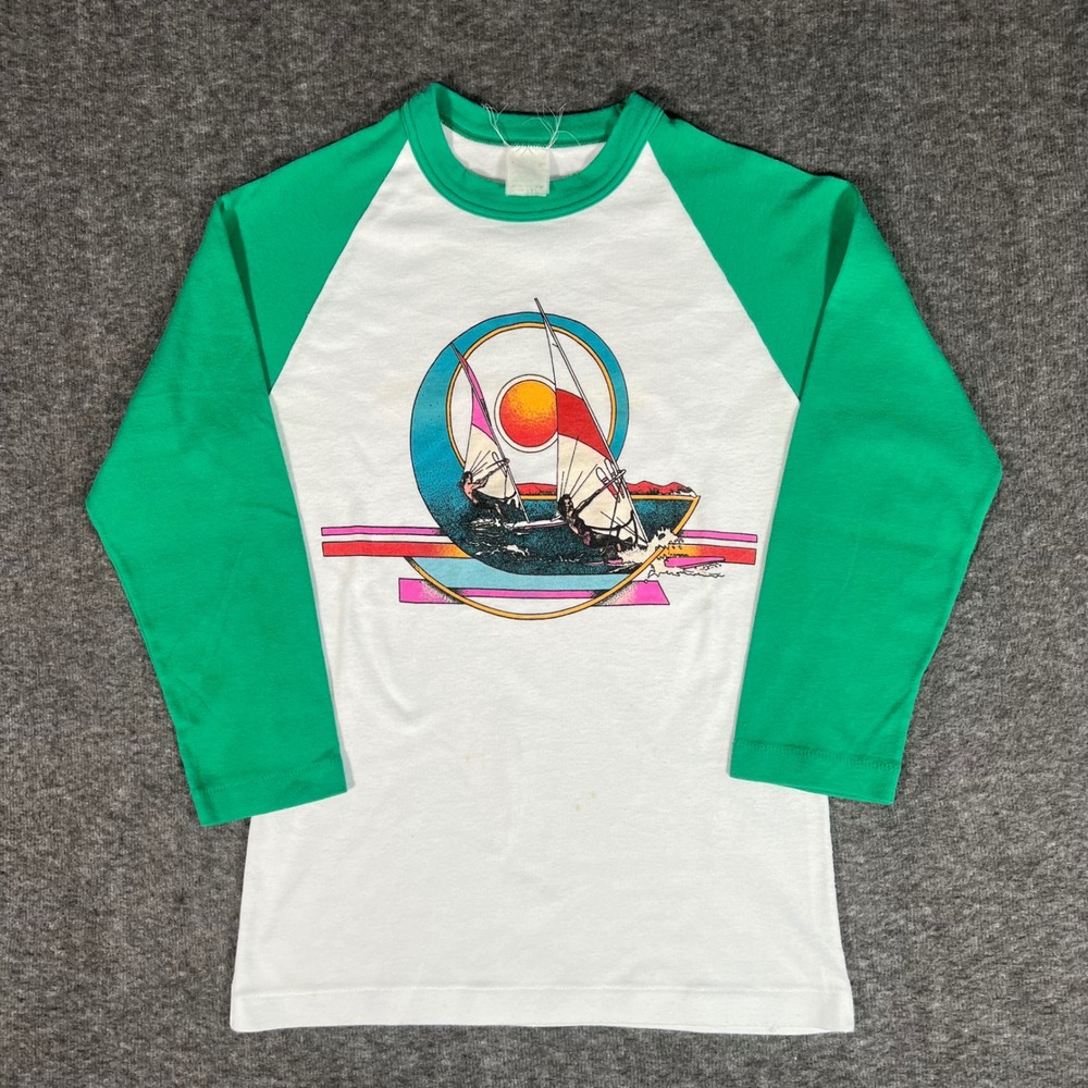 Vintage 70s Windsurfing Raglan Graphic T-Shirt Green White 3/4 Sleeve USA Made